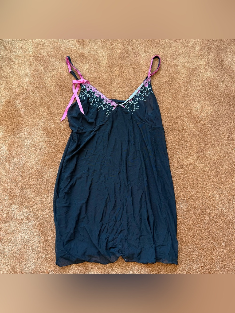 Women's Black Slip Dress with Pink Lace Trim